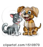 Clipart Of A Happy Puppy Dog And Cat Sitting Royalty Free Vector Illustration