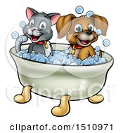 Poster, Art Print Of Cartoon Happy Puppy Dog And Cat Soaking In A Bubble Bath