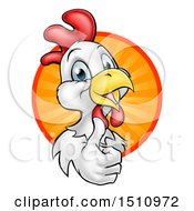 Poster, Art Print Of Happy White Chicken Or Rooster Giving A Thumb Up And Emerging From A Circle Of Sun Rays