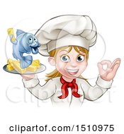 Clipart Of A Cartoon Happy White Female Chef Gesturing Perfect And Holding A Fish And Chips Tray Royalty Free Vector Illustration