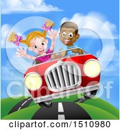Poster, Art Print Of Happy Black Boy Driving A Red Convertible Car And A White Girl Holding Her Arms Up In The Passenger Seat As They Catch Air