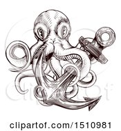 Clipart Of A Brown Woodblock Octopus And Anchor Royalty Free Vector Illustration by AtStockIllustration