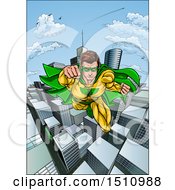 Poster, Art Print Of Pop Art Comic Male Super Hero Flying Forward Over A City
