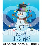 Poster, Art Print Of Merry Christmas Greeting And A Snowman With A Strand Of Colorful Lights