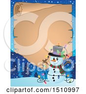 Clipart Of A Parchment Scroll And Border Of A Happy Snowman With A Strand Of Colorful Christmas Lights Royalty Free Vector Illustration