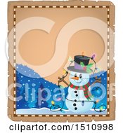 Poster, Art Print Of Parchment Page And Border Of A Happy Snowman With A Strand Of Colorful Christmas Lights