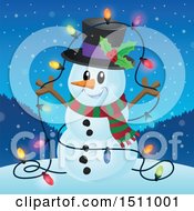 Poster, Art Print Of Happy Snowman With A Strand Of Lit Colorful Christmas Lights