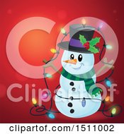 Poster, Art Print Of Snowman With A Strand Of Colorful Christmas Lights Over Red