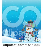 Poster, Art Print Of Happy Snowman With A Strand Of Colorful Christmas Lights In A Winter Landscape