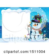 Poster, Art Print Of Happy Snowman With A Strand Of Colorful Christmas Lights By A Blank Sign