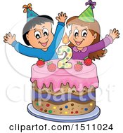 Clipart Of A Boy And Girl Celebrating At A Second Birthday Party With A Cake Royalty Free Vector Illustration by visekart