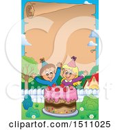 Clipart Of A Parchment Scroll Border Of A Boy And Girl Celebrating At A Birthday Party With A Cake Royalty Free Vector Illustration by visekart