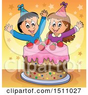 Clipart Of A Boy And Girl Celebrating At A Birthday Party With A Cake Royalty Free Vector Illustration by visekart