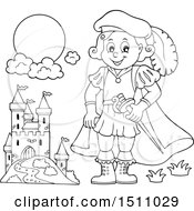 Clipart Of A Black And White Fairy Tale Prince Near A Castle Royalty Free Vector Illustration