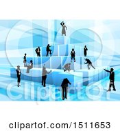 Poster, Art Print Of Team Of Silhouetted Business Men And Women Assembling A Pyramid Of 3d Blue Cubes On Blue