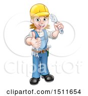 Clipart Of A Full Length Happy White Female Mechanic Wearing A Hard Hat Holding Up A Wrench And Giving A Thumb Up Royalty Free Vector Illustration