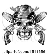 Clipart Of A Black And White Engraved Or Woodcut Styled Cowboy Skull And Crossed Pistols Royalty Free Vector Illustration