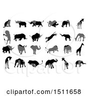 Poster, Art Print Of Silhoutted Elephants Rhinoceroses Lions And Giraffes
