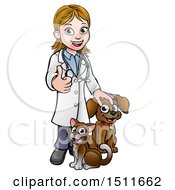 Poster, Art Print Of White Female Veterinarian Giving A Thumb Up Over A Cat And Dog