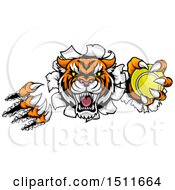 Poster, Art Print Of Vicious Tiger Mascot Slashing Through A Wall With A Tennis Ball