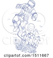 Poster, Art Print Of Blue Sketched Astronaut Tethered To A Ship
