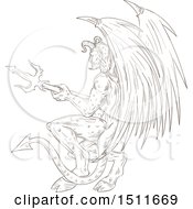 Clipart Of A Sketched Winged Demon Holding A Trident Royalty Free Vector Illustration