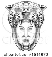 Poster, Art Print Of Sketched Amazon Warrior Face With A Jaguar Headdress On A White Background