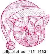 Poster, Art Print Of Pink Zentangle Styled Christmas Cat Face Wearing A Santa Hat