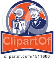 Clipart Of A Retro Male Gas Station Attendant Holding A Nozzle Over A Banner Royalty Free Vector Illustration