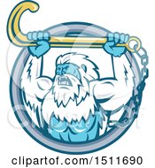 Clipart Of A Strong Yeti Holding Up A Towing J Hook In A Circle Royalty Free Vector Illustration