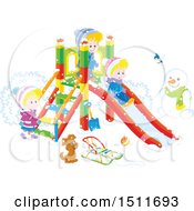 Poster, Art Print Of Puppy Dog And Children Playing On A Winter Playground