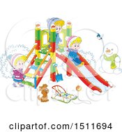Cartoon Puppy And Children Playing On A Winter Playground