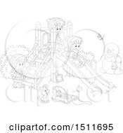Poster, Art Print Of Black And White Puppy And Children Playing On A Winter Playground