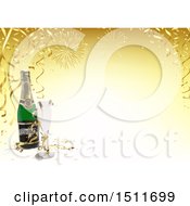 3d New Year Background With Fireworks Streamers And Champagne