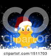 Poster, Art Print Of Christmas Chick Wearing A Santa Hat Over A Blur Burst With Stars And Snow