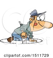 Cartoon White Man Sawing A Circle In The Floor Around Himself