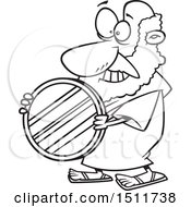 Cartoon Black And White Man Archimedes Holding A Mirror Parabolic Reflector