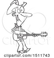 Cartoon Black And White Male Country Singer Cowboy Playing A Guitar