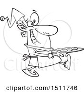 Clipart Of A Cartoon Black And White Male Christmas Elf Carrying A Tray Of Cookies Royalty Free Vector Illustration