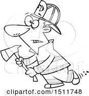 Clipart Of A Cartoon Black And White Male Fire Fighter Holding An Axe Royalty Free Vector Illustration