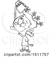 Clipart Of A Cartoon Black And White Girl Watering Flowers On Her Head Mind Growth Royalty Free Vector Illustration
