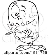 Clipart Of A Cartoon Black And White Monster Forming A Heart With His Hands Royalty Free Vector Illustration