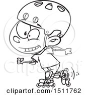 Clipart Of A Cartoon Black And White Boy Roller Blading Royalty Free Vector Illustration by toonaday