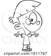 Clipart Of A Cartoon Black And White Welcoming Boy With Open Arms Royalty Free Vector Illustration
