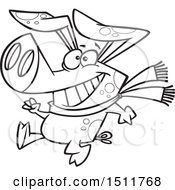 Clipart Of A Cartoon Black And White Winter Pig Walking Upright And Wearing A Scarf Royalty Free Vector Illustration