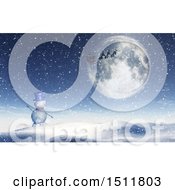 Clipart Of A 3d Snowman Waving To A Christmas Santa Flying His Sleigh Over A Winter Landscape Royalty Free Illustration