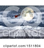 Poster, Art Print Of 3d Christmas Santa Flying His Sleigh Over A Wood Surface And Winter Landscape