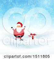 Clipart Of A Chubby Christmas Santa Claus With A Gift In The Snow Royalty Free Vector Illustration