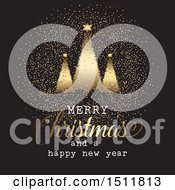 Poster, Art Print Of Merry Christmas And A Happy New Year Greeting With Gold Glitter And Trees On Black