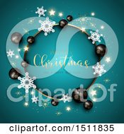 Poster, Art Print Of Merry Christmas And A Happy New Year Greeting In A Round Frame With 3d Black Baubles And Snowflakes On Blue